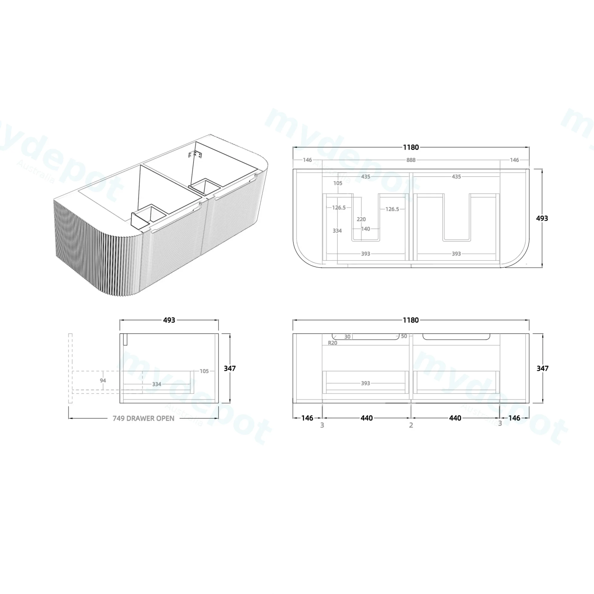 1200mm Matte White PVC Two Drawers Curved Wall Hung Vanity Cabinet Only view 2
