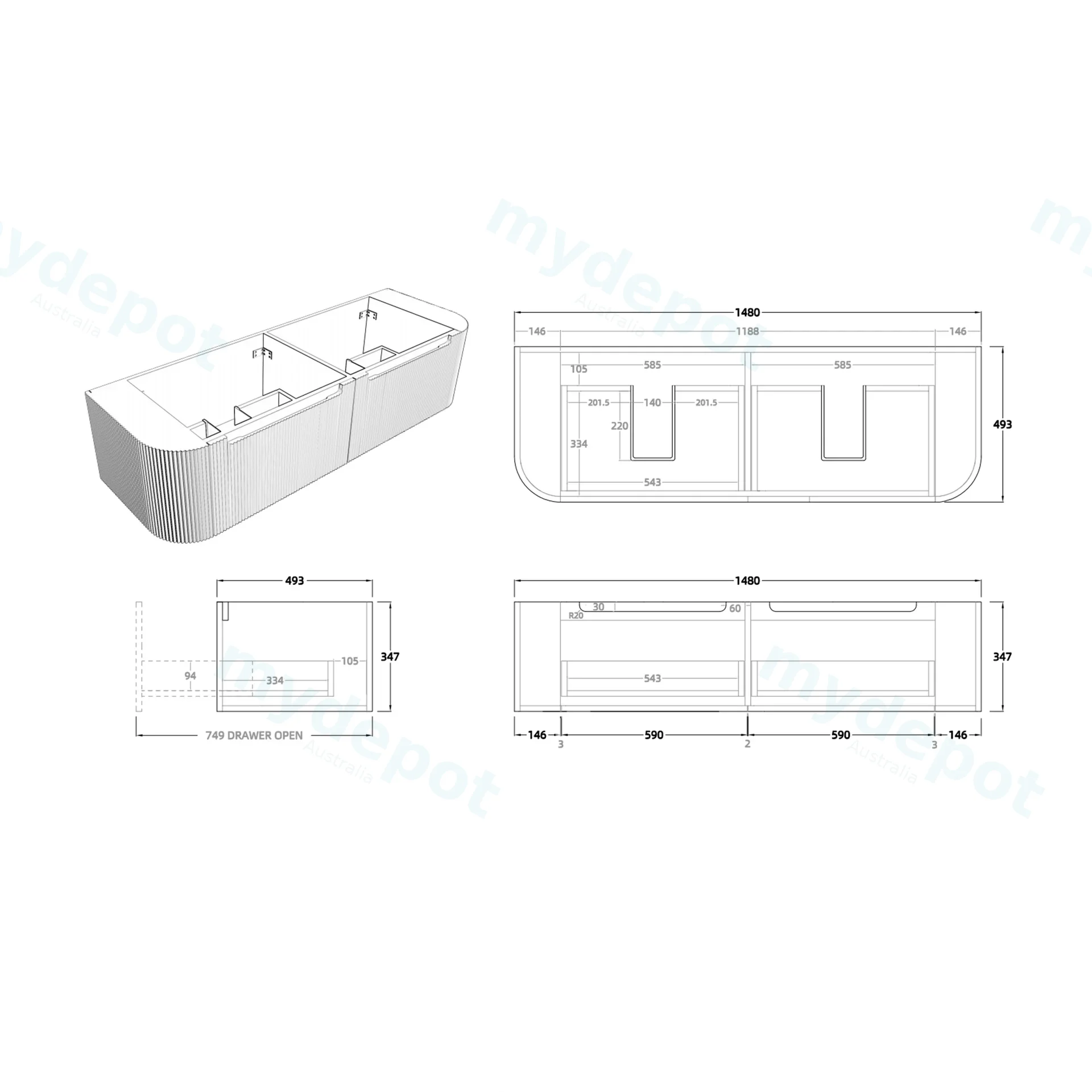 1500mm Matte White PVC Two Drawers Curved Wall Hung Vanity Cabinet Only view 2