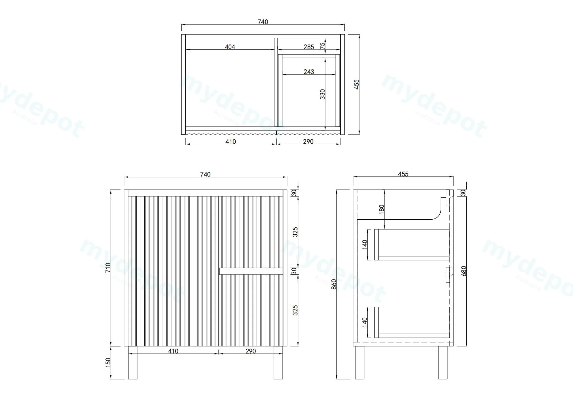 750mm Brio Freestanding Bathroom Vanity Cabinet Only PVC Right Drawer Fluted Matte White view 2