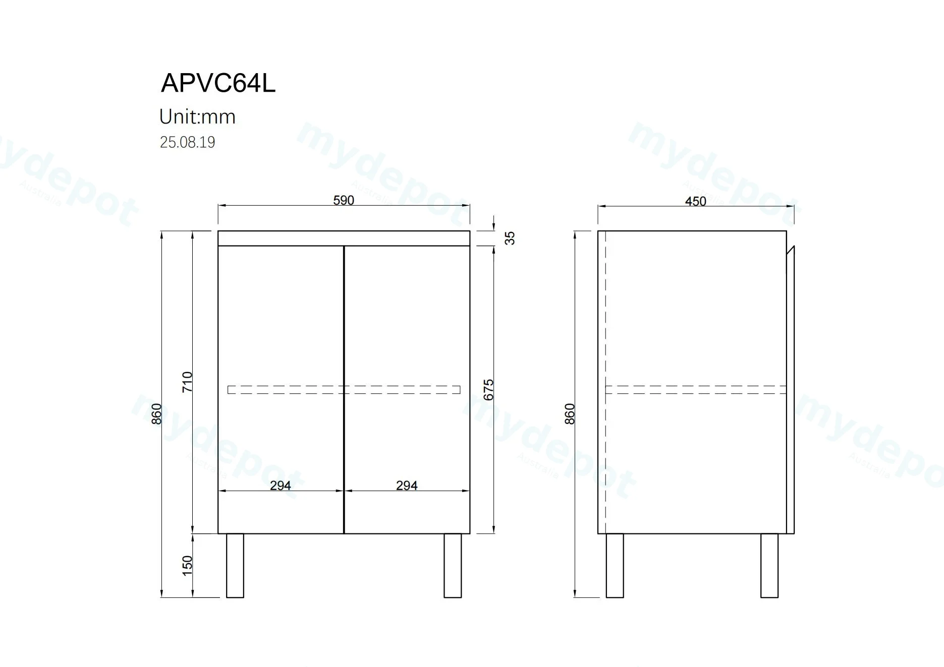600mm Freestanding with Legs Bathroom Vanity Cabinet Only PVC 2 Door Gloss White view 2