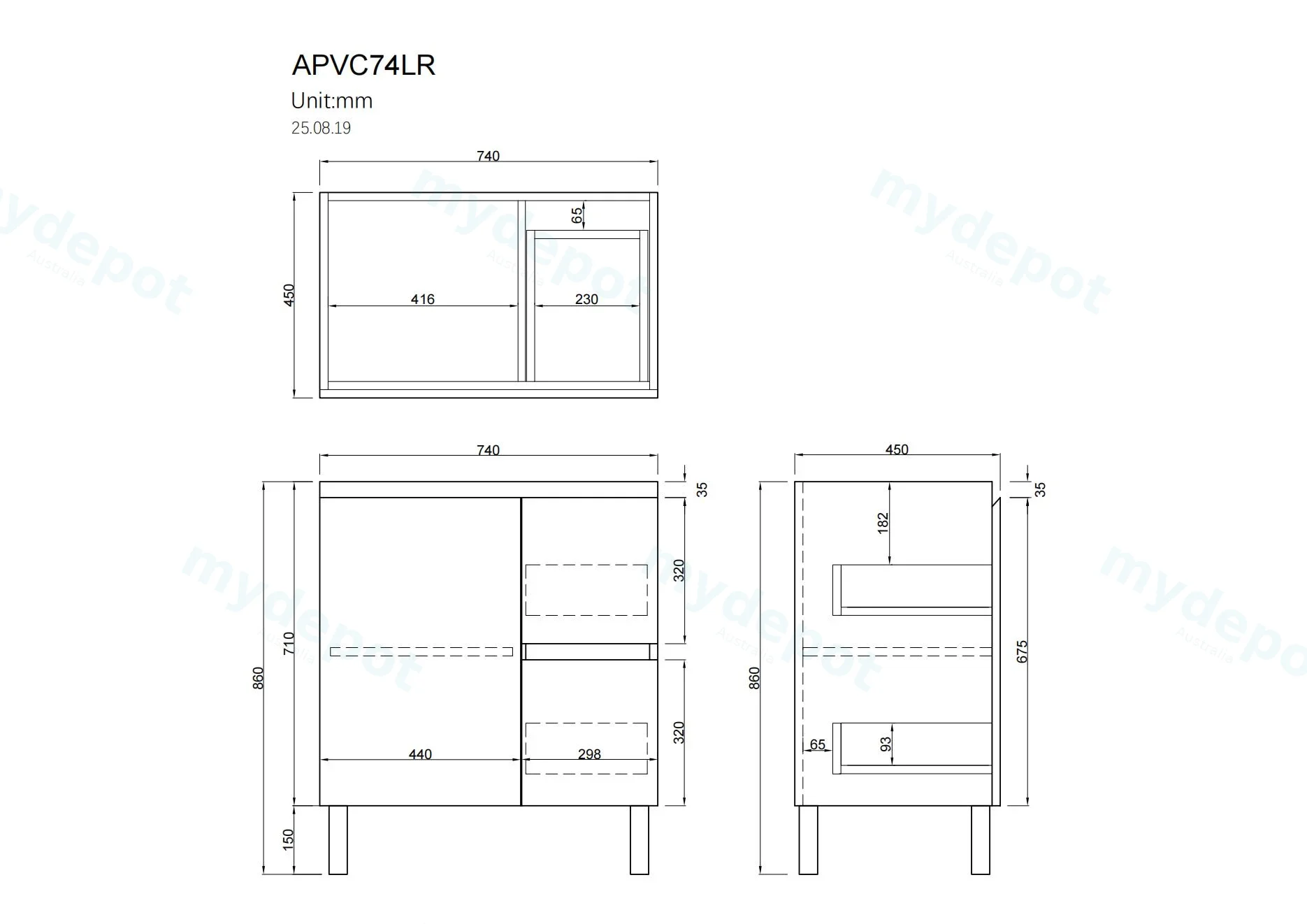 750mm Freestanding Bathroom Vanity Cabinet Only PVC Right Drawer Gloss White view 2