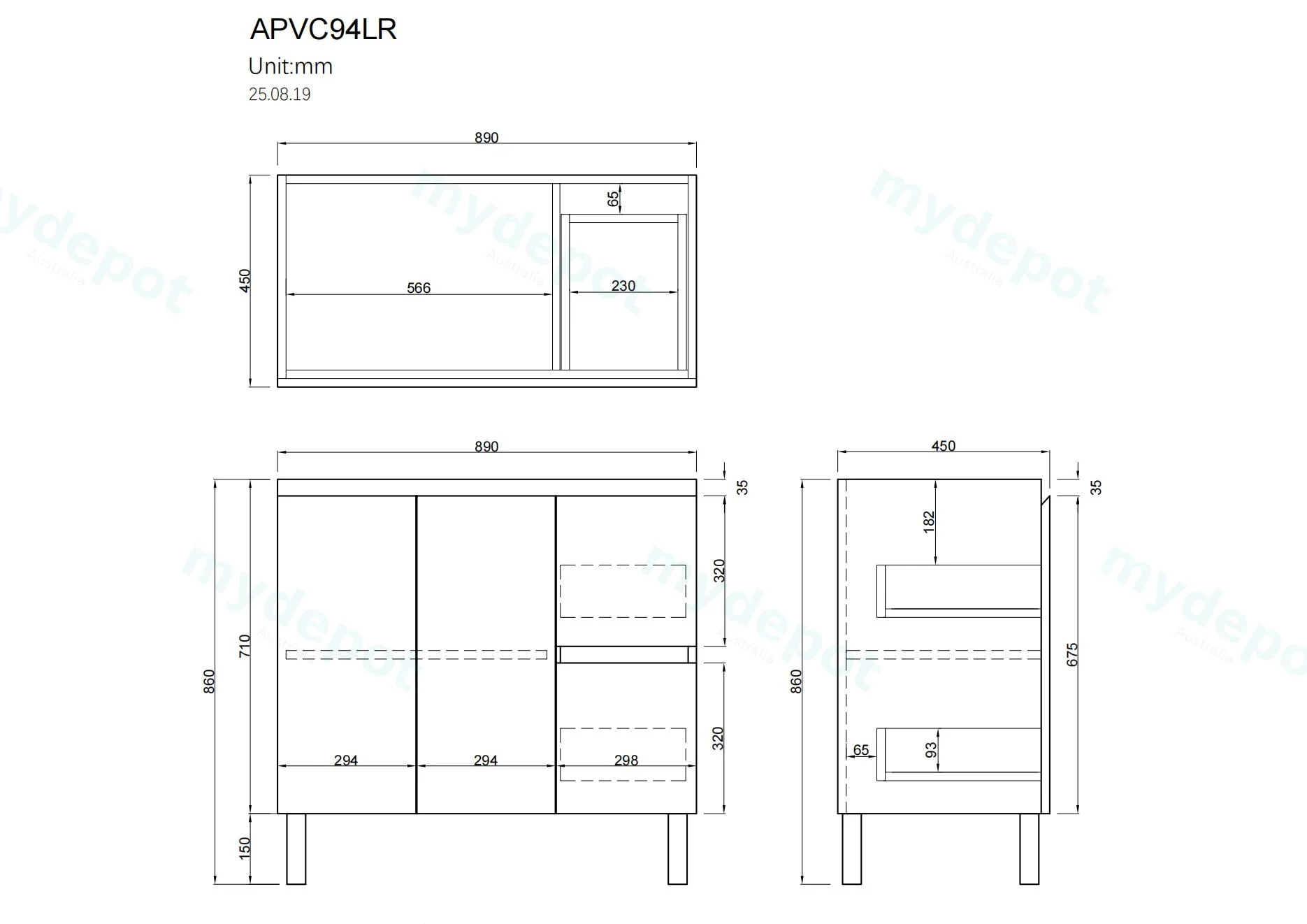 900mm Freestanding Bathroom Vanity Cabinet Only PVC Right Drawer Gloss White view 2