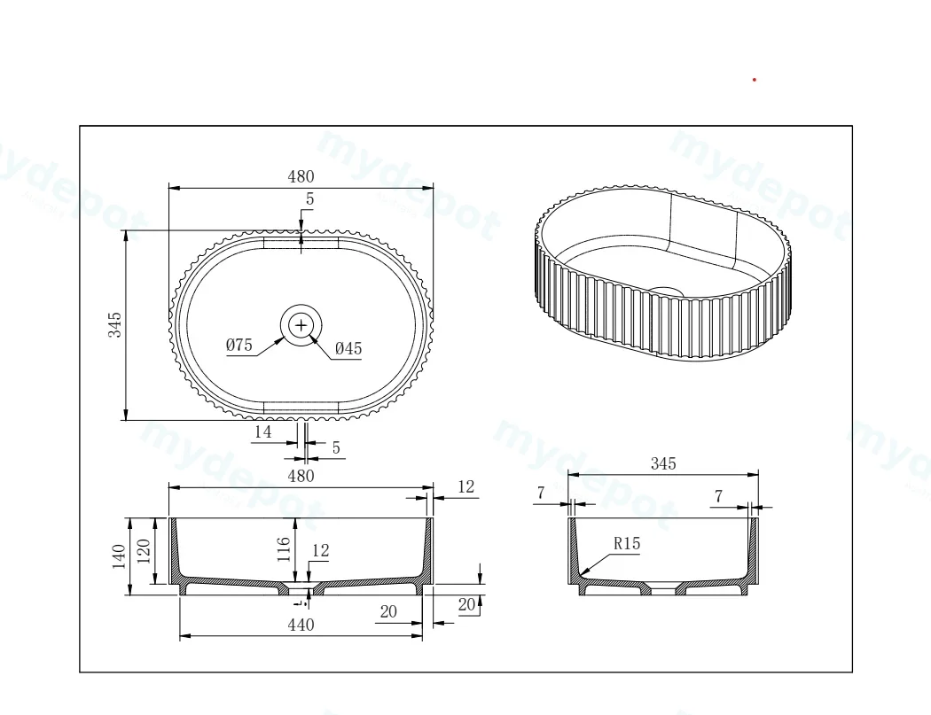 480*345*140mm Matte Black Ellips Fluted Solid Surface Above Counter Basin 32mm Waste view 5