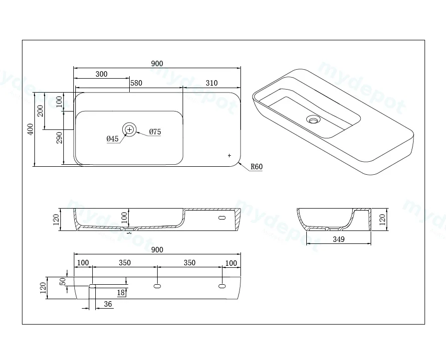 900*400*120mm Matt White Rocca Solid Surface Stone Wall Hung Basin With Semi Drill Tap Hole None Overflow 32mm Waste view 4