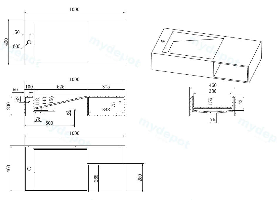 1000*460*200mm Matt White Crete Solid Surface Stone Wall Hung Basin None Overflow view 2