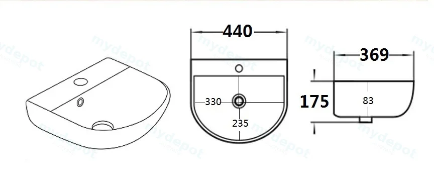 440*369*175mm Gloss White Carrida Fine Ceramic Wall Hung Basin Overflow,32mm Waste view 2