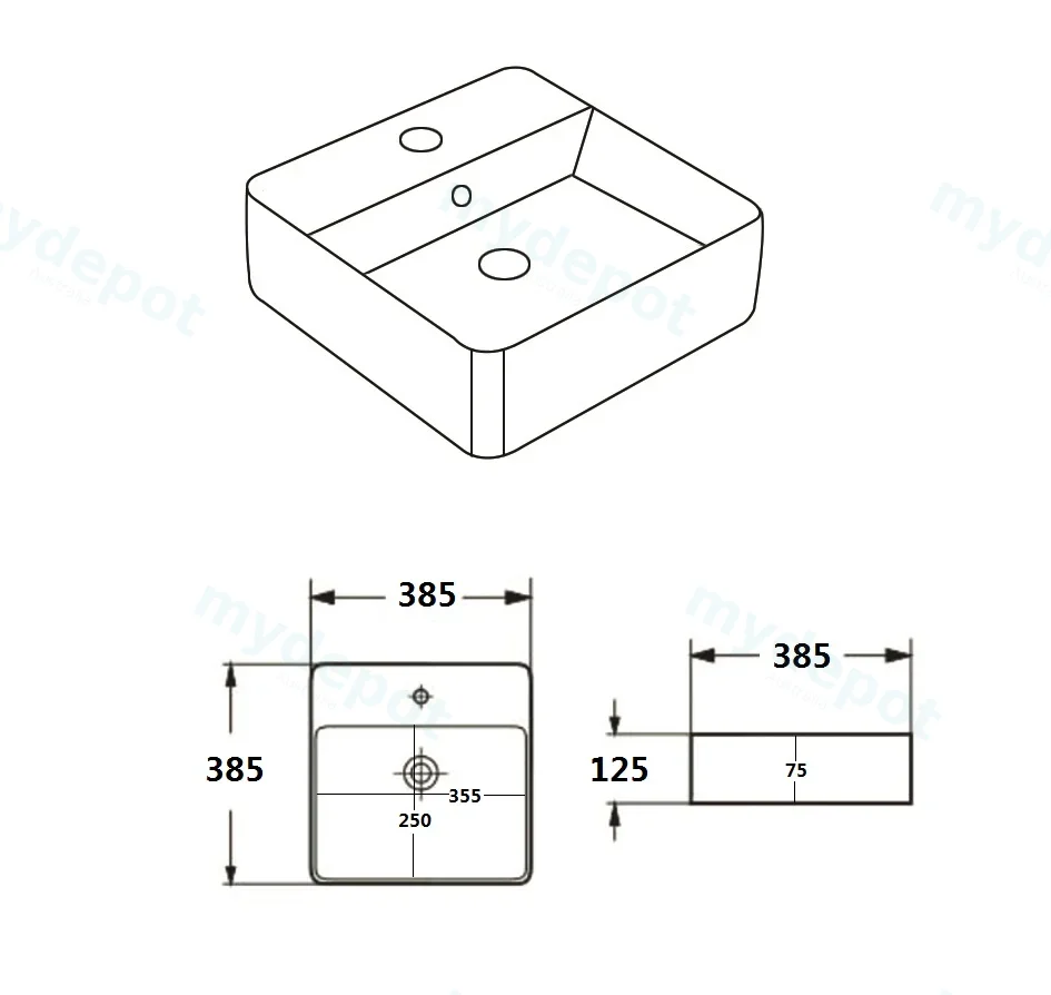 385*385*125mm Gloss White Crete Fine Ceramic Wall Hung /Above Basin Tap Hole With Overflow,32mm Waste view 3