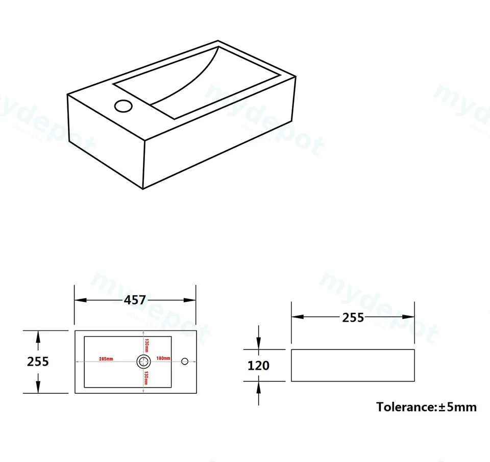 457*255*120mm Gloss White Crete Fine Ceramic Wall Hung Mini Basin Left Tap Hole No Overflow,32mm Waste view 3