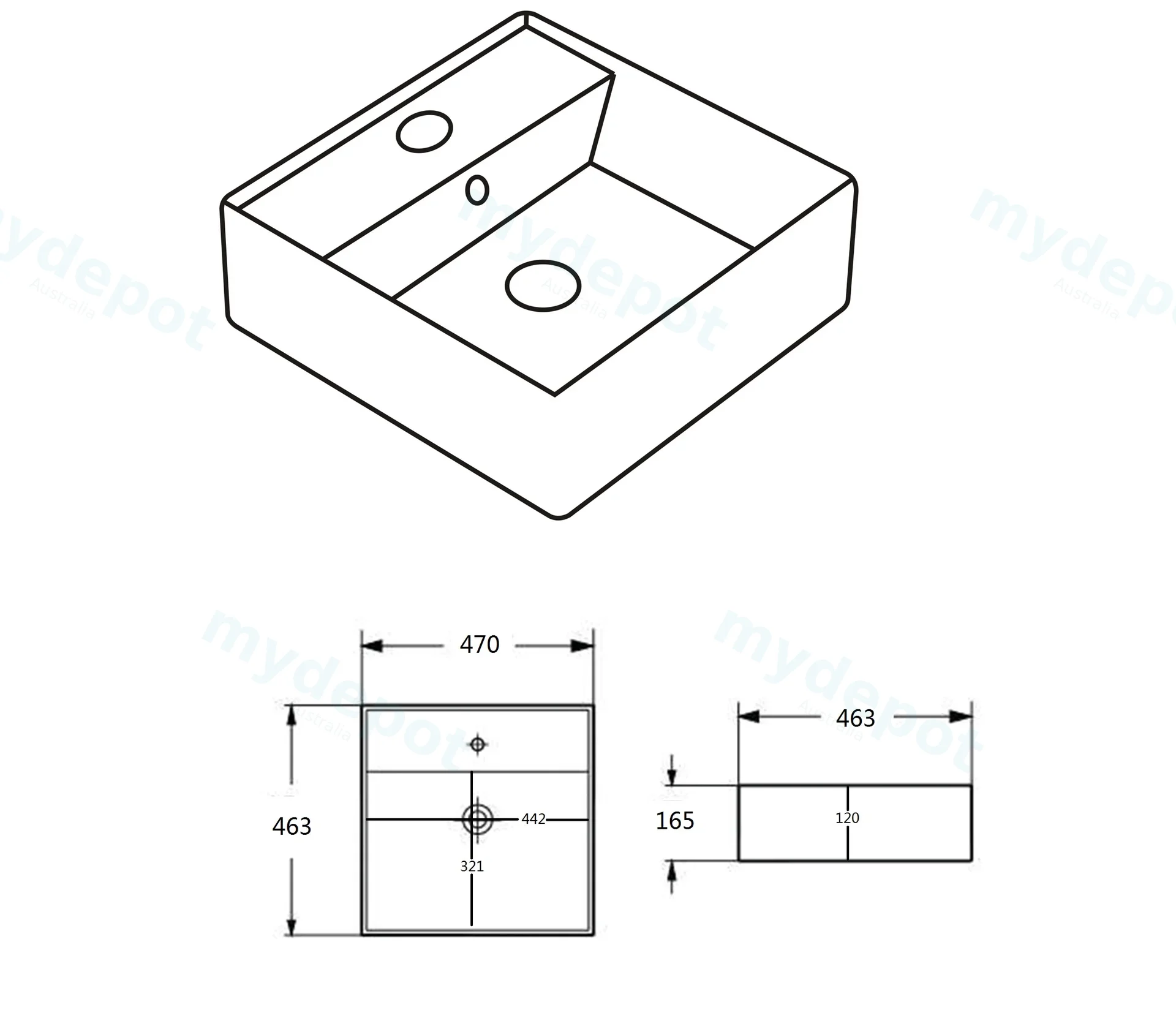 470*463*165mm Gloss White Crete Fine Ceramic Wall Hung/Above Basin Tap Hole With Overflow,32mm Waste view 3