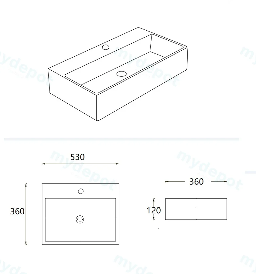 530*360*120mm Gloss White Crete Fine Ceramic Wall Hung/Above Basin Tap Hole No Overflow,32mm Waste view 3
