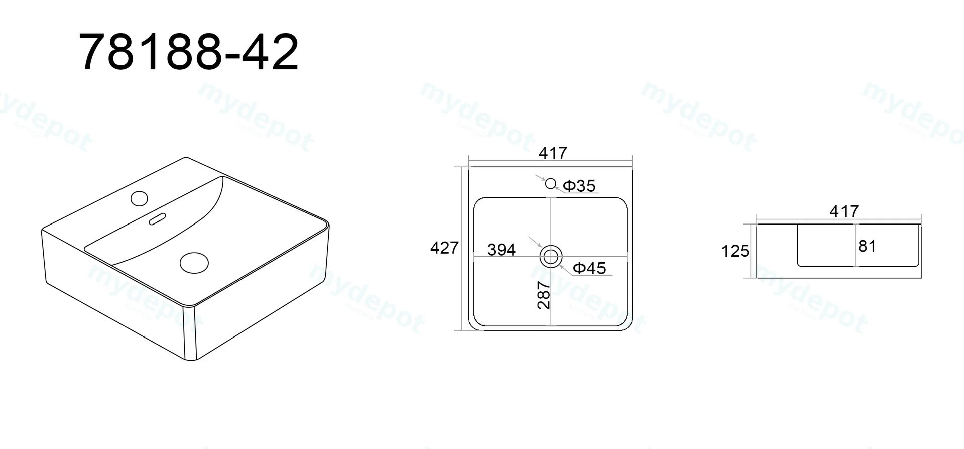 427*417*125mm Gloss White Kliff Fine Ceramic Wall Hung/Above Counter BasinTap Hole, With Overflow,32mm Waste view 2