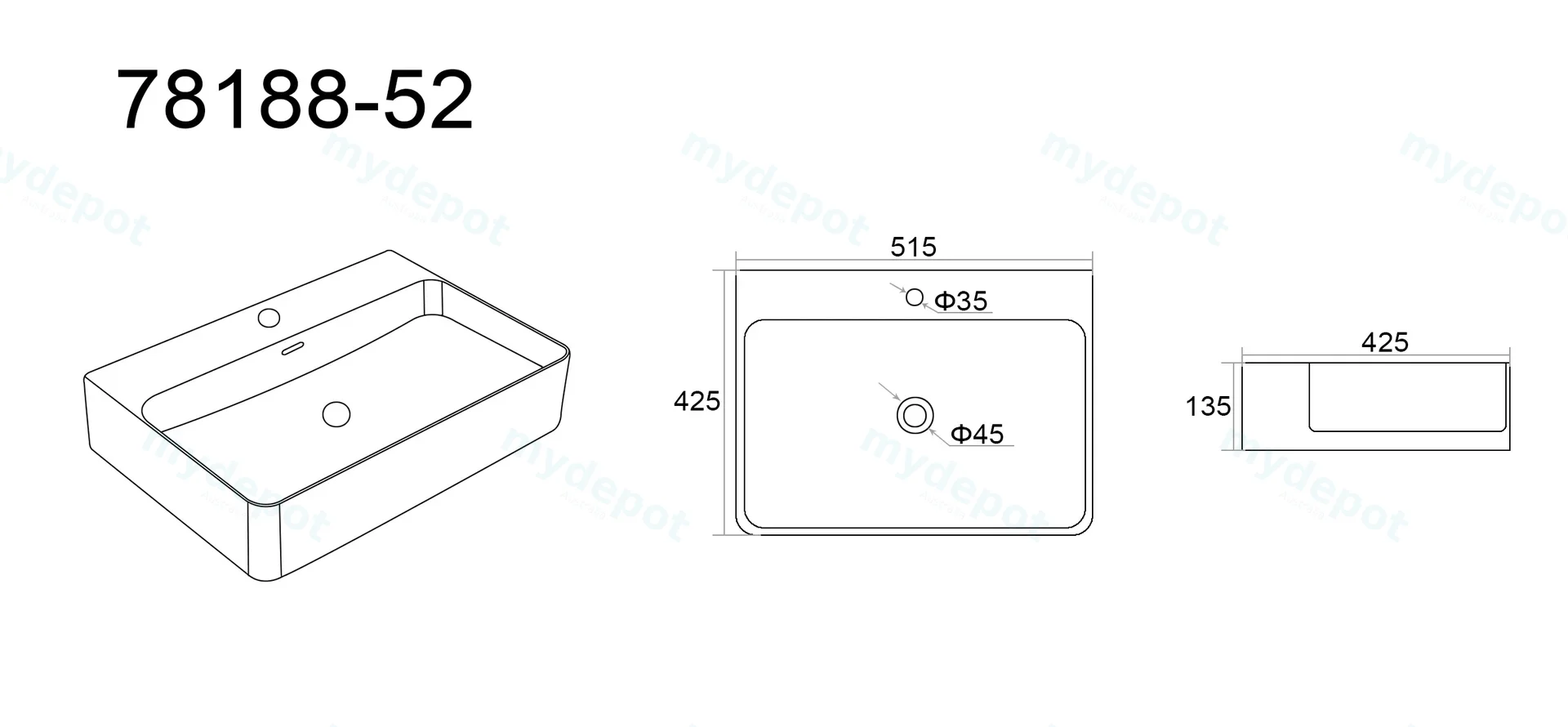 515*425*135mm Gloss White Kliff Fine Ceramic Wall Hung/Above Counter Basin Tap Hole With Overflow,32mm Waste view 2