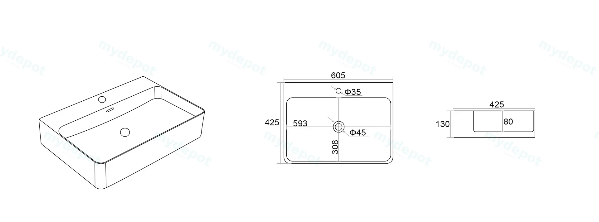 605*425*130mm Gloss White Kliff Fine Ceramic Wall Hung/Above Counter Basin Tap Hole With Overflow,32mm Waste view 2