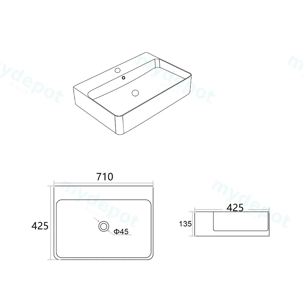 710*425*135mm Gloss White Kliff Fine Ceramic Wall Hung/Above Counter Basin Tap Hole With Overflow,32mm Waste view 2