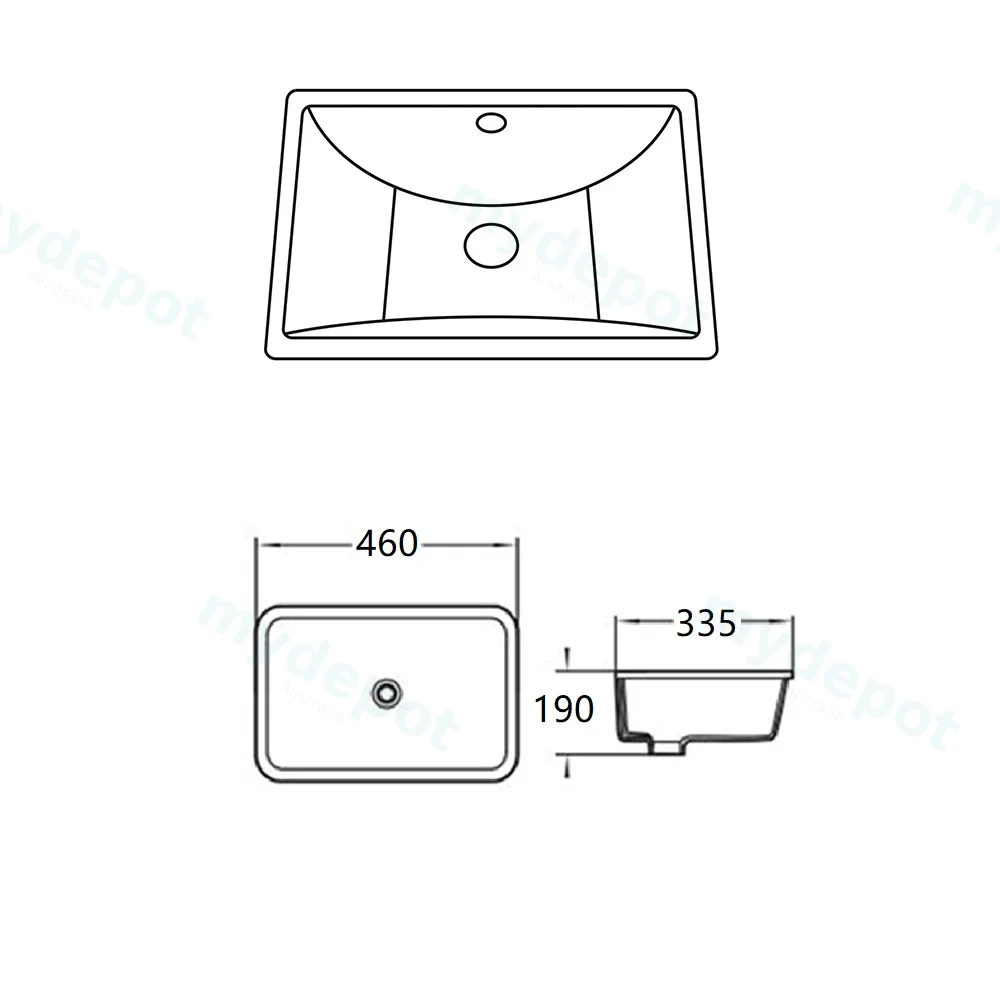 460*335*190mm Gloss White Crete Fine Ceramic Under Counter Basin With Overflow,32mm Waste view 2