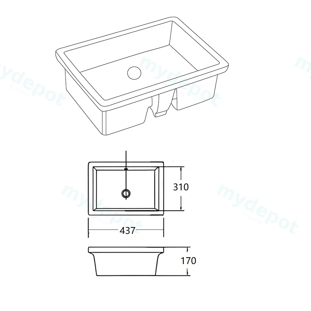 437*310*170mm Gloss White Crete Fine Ceramic Under Counter Basin With Overflow,32mm Waste view 2