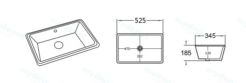 525*345*185mm Gloss WhitCrete Fine Ceramic Under Counter BasinWith Overflow,32mm Waste view 3