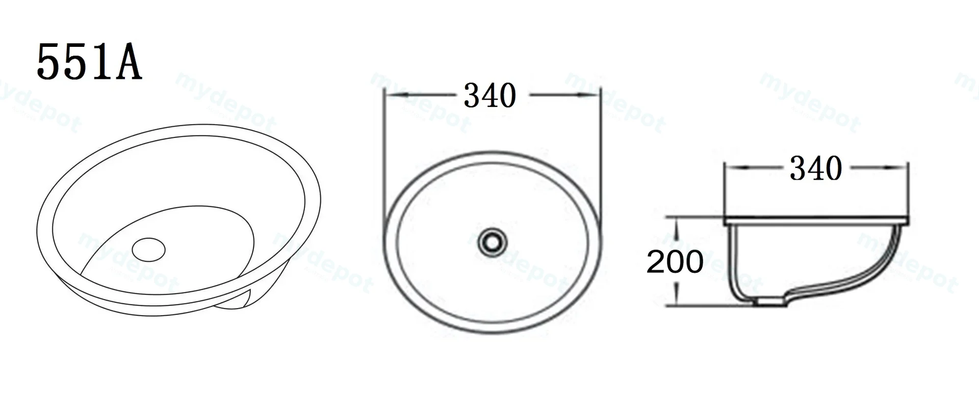 340*340*200mm Gloss White Elipps Fine Ceramic Under Counter Basin With Overflow,32mm Waste view 2