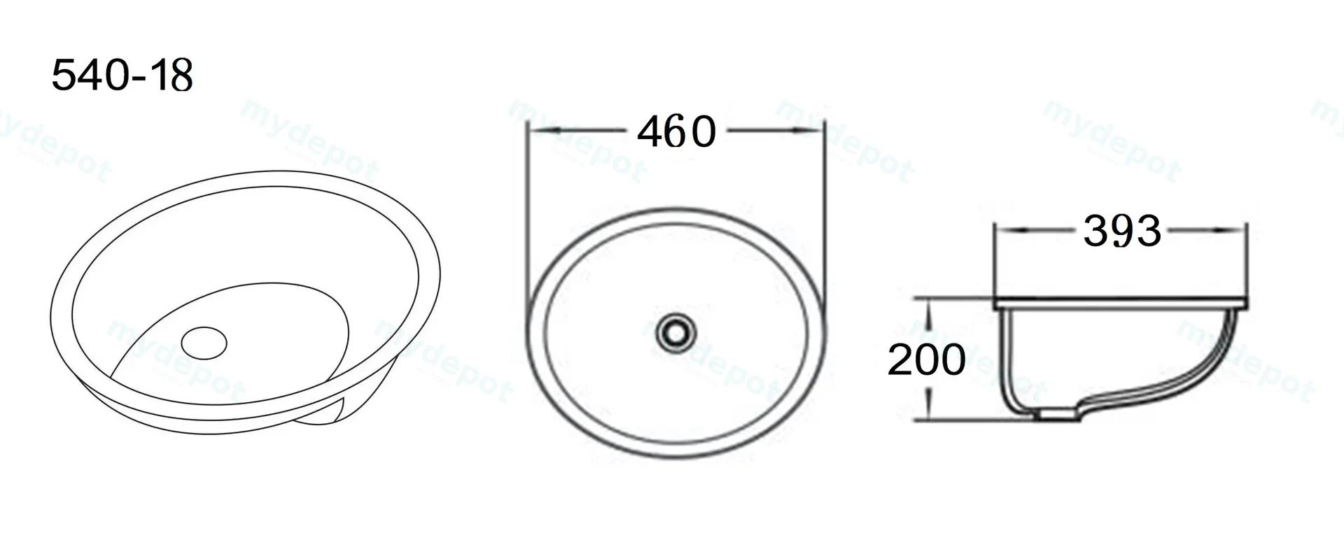 460*393*200mm Gloss White Elipps Fine Ceramic Under Counter BasinWith Overflow,32mm Waste view 2
