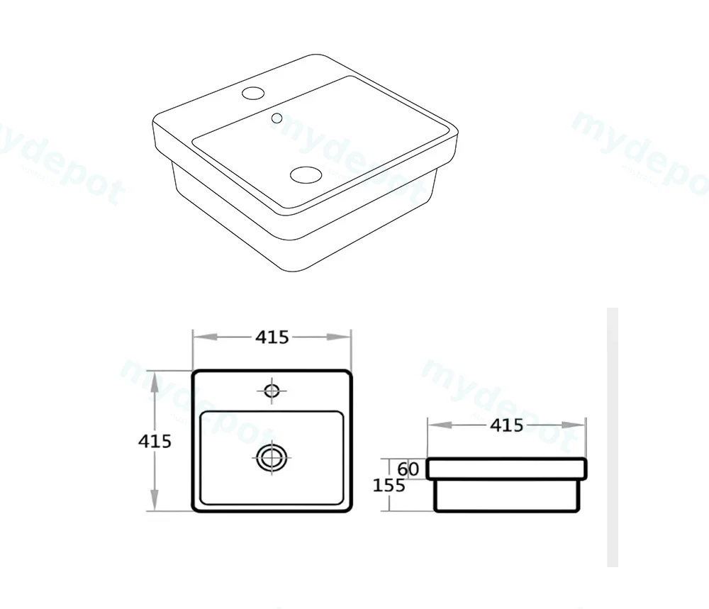 415*415*155mm Gloss White Kliff Fine Ceramic Insert Basin Tap Hole Overflow,32mm Waste view 2