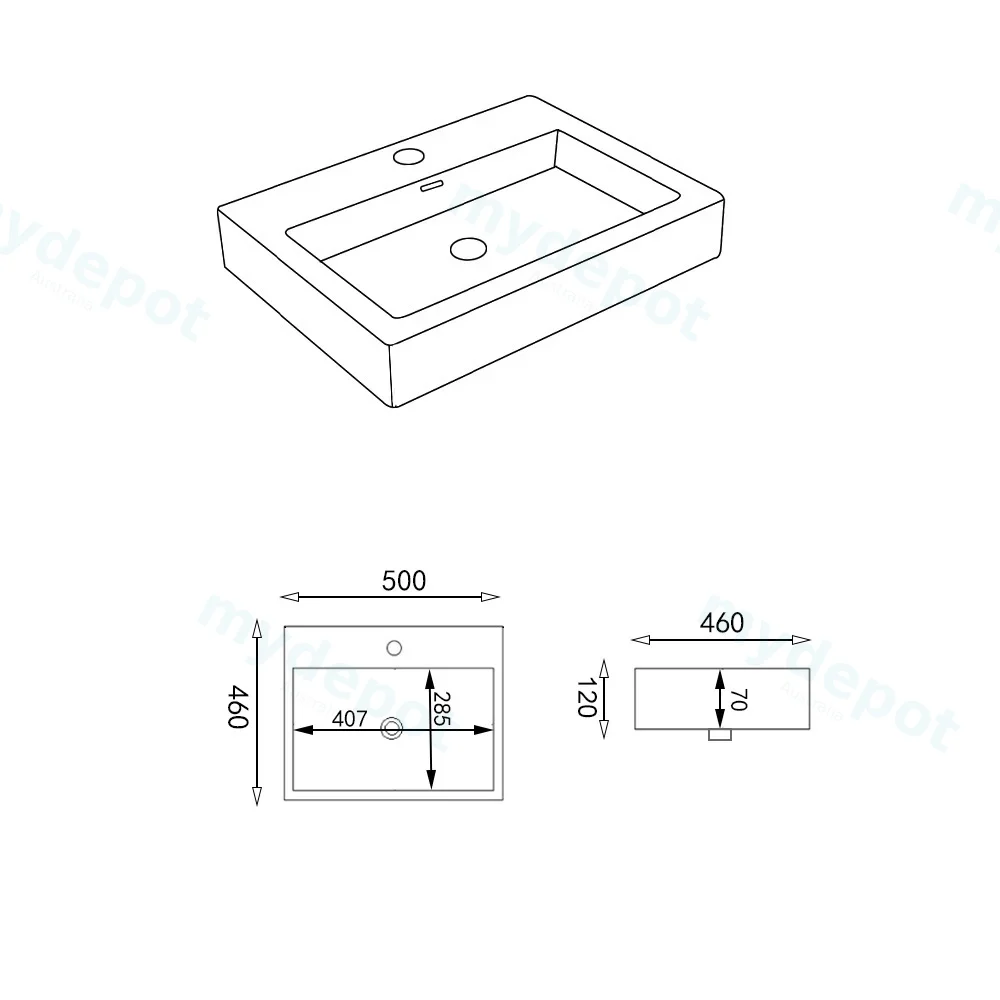 540*500*180mm Gloss White Kliff Fine Ceramic Insert Basin Tap Hole Overflow,32mm Waste view 3