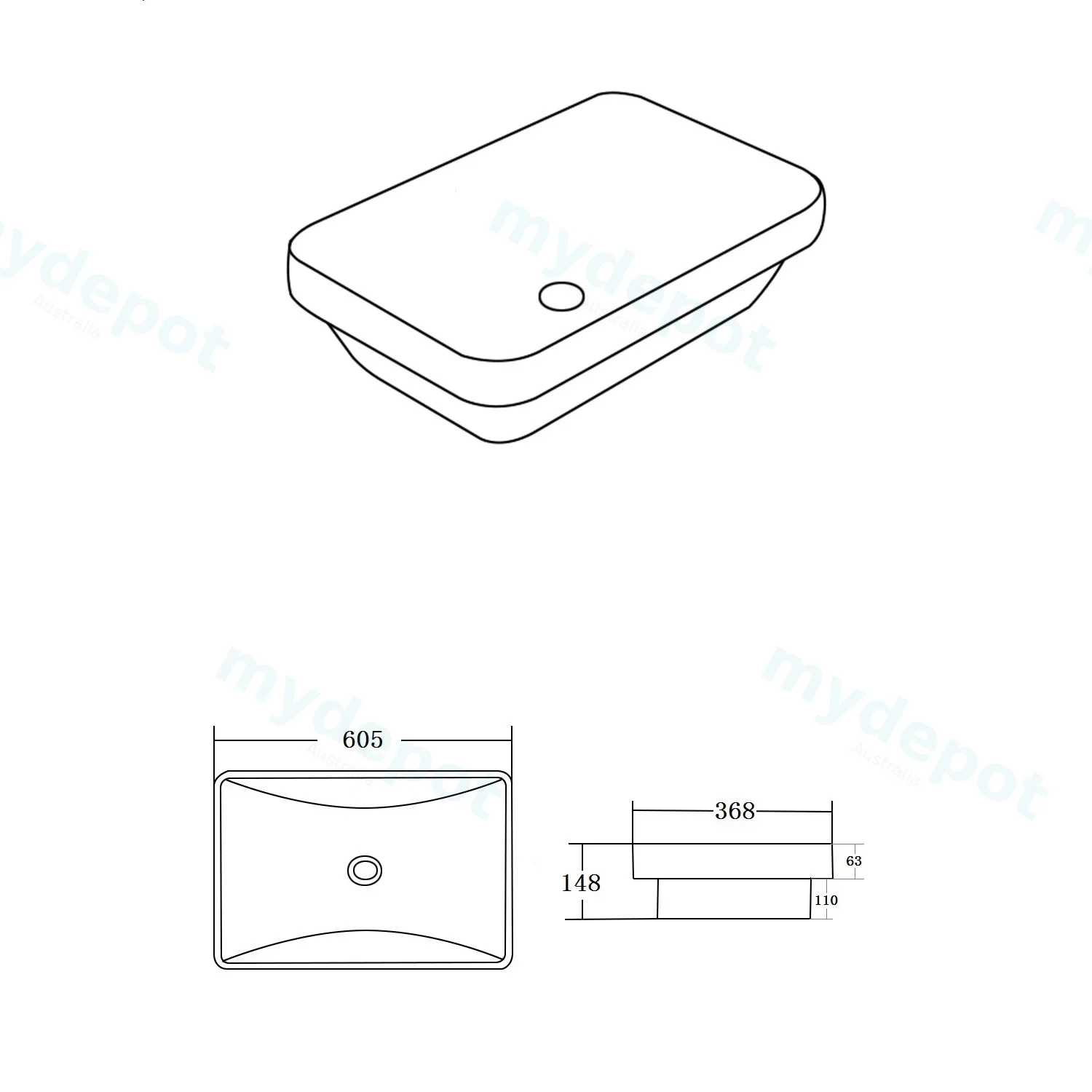605*368*148mm Gloss White Kliff Fine Ceramic Insert Basin No Overflow,32mm Waste view 3