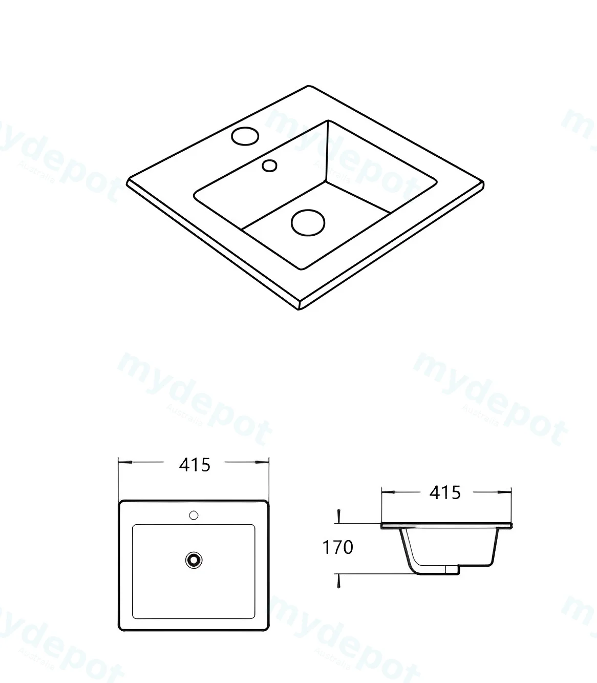 415*415*170mm Gloss White Crete Fine Ceramic Insert Basin Tap Hole Overflow,32mm Waste view 5