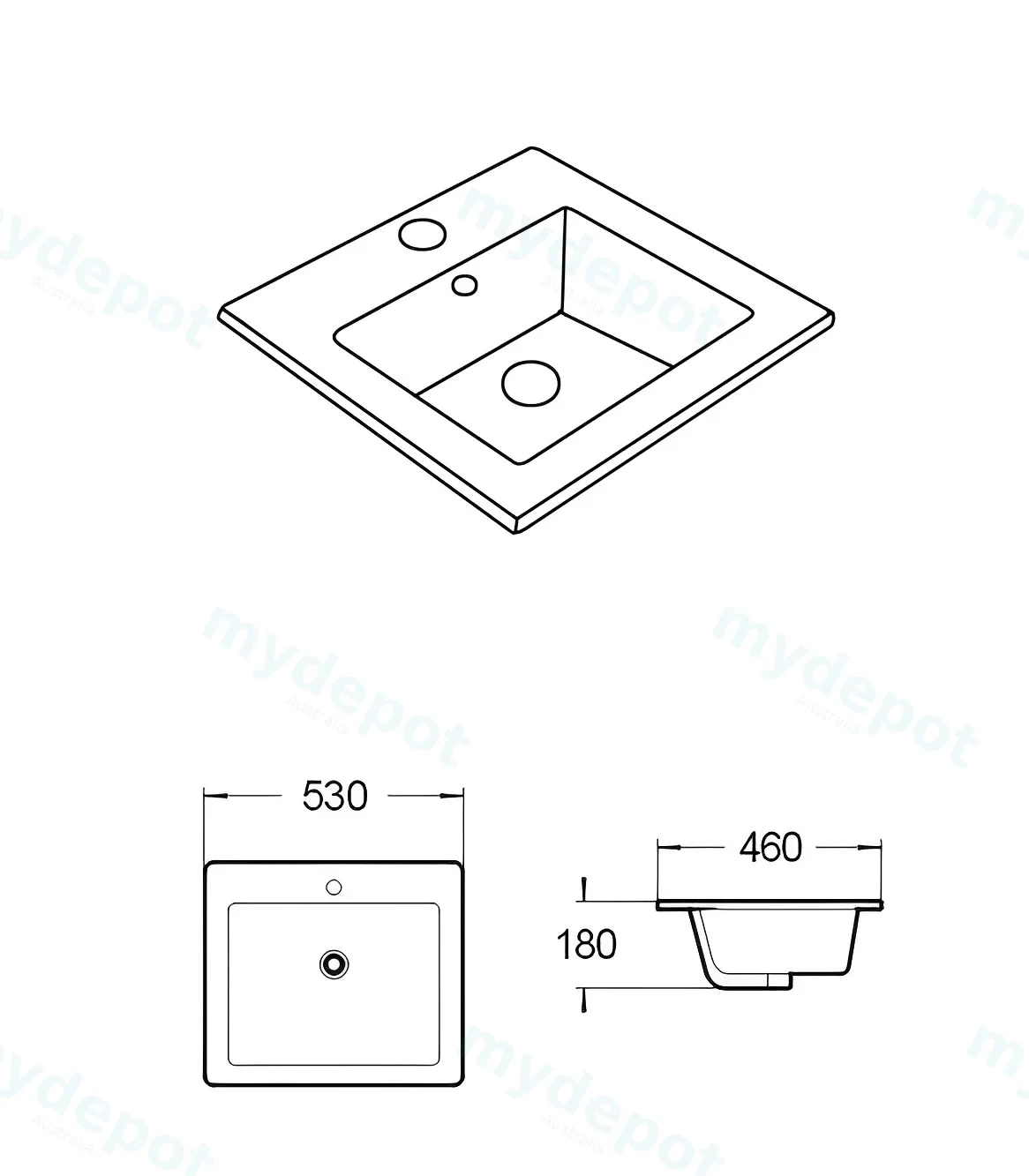 530*460*180mm Gloss White Crete Fine Ceramic Insert Basin Tap Hole Overflow,32mm Waste view 3