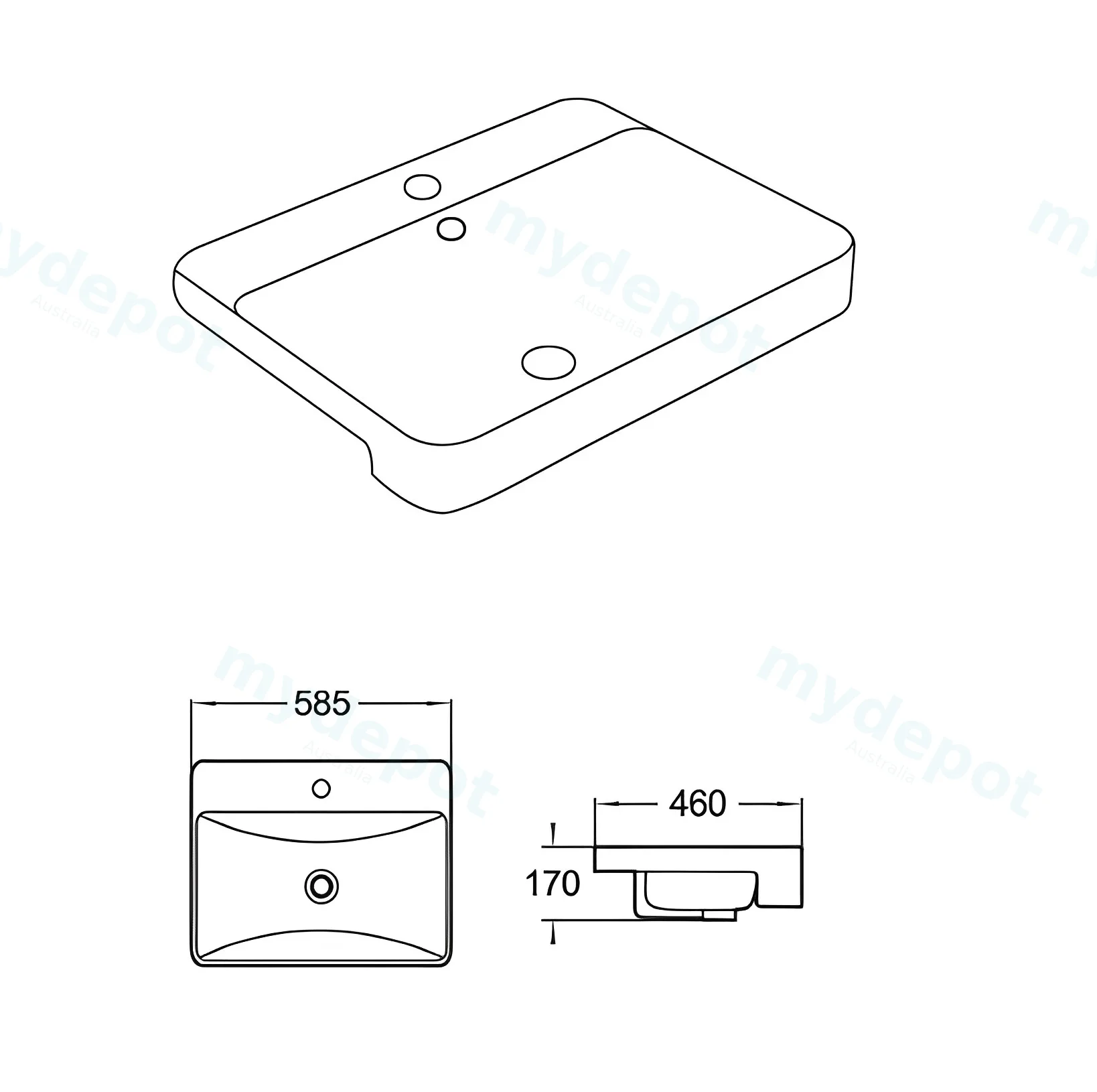 585*460*170mm Gloss White Kliff Fine Ceramic Semi Ress Basin Tap Hole Overflow,32mm Waste view 3