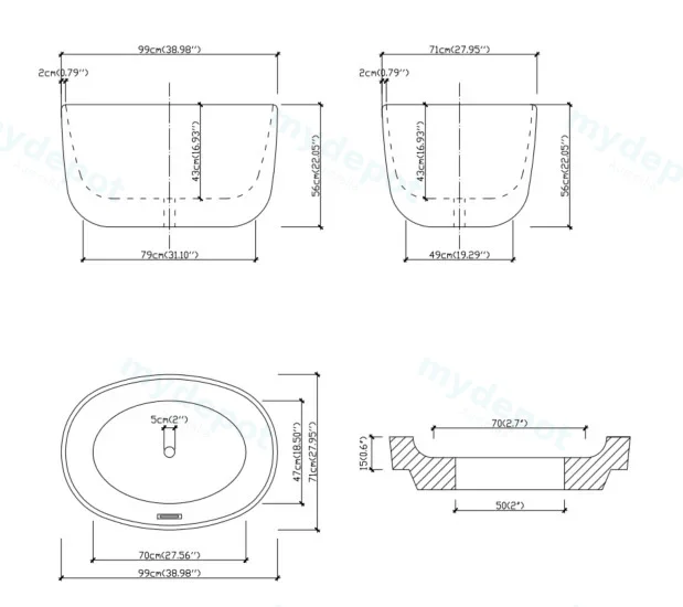 990X710X560mm Gloss White Agena Acylic Free Standing Mini Bath None Overflow 40mm Waste+Pipe Supplied view 2
