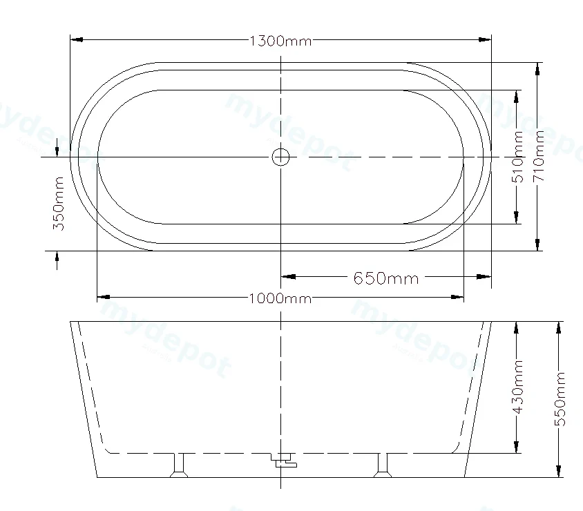 1300X710X570mm Gloss WhiteAgena Acylic Free Standing Bath None Overflow 40mm Waste+Pipe Supplied view 2