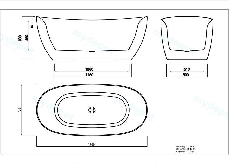 1600X750X630mm Gloss White Valla Acylic Free Standing Bathtub No Overflow,Chrome Waste And Pipe Included view 2