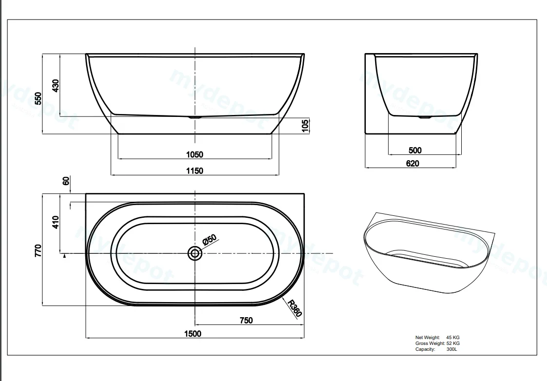 1500*770*550mm Gloss White Ellips Back To Wall Free Standing Acrylic Bathtub No Overflow, Chrome Waste And Pipe Included view 2