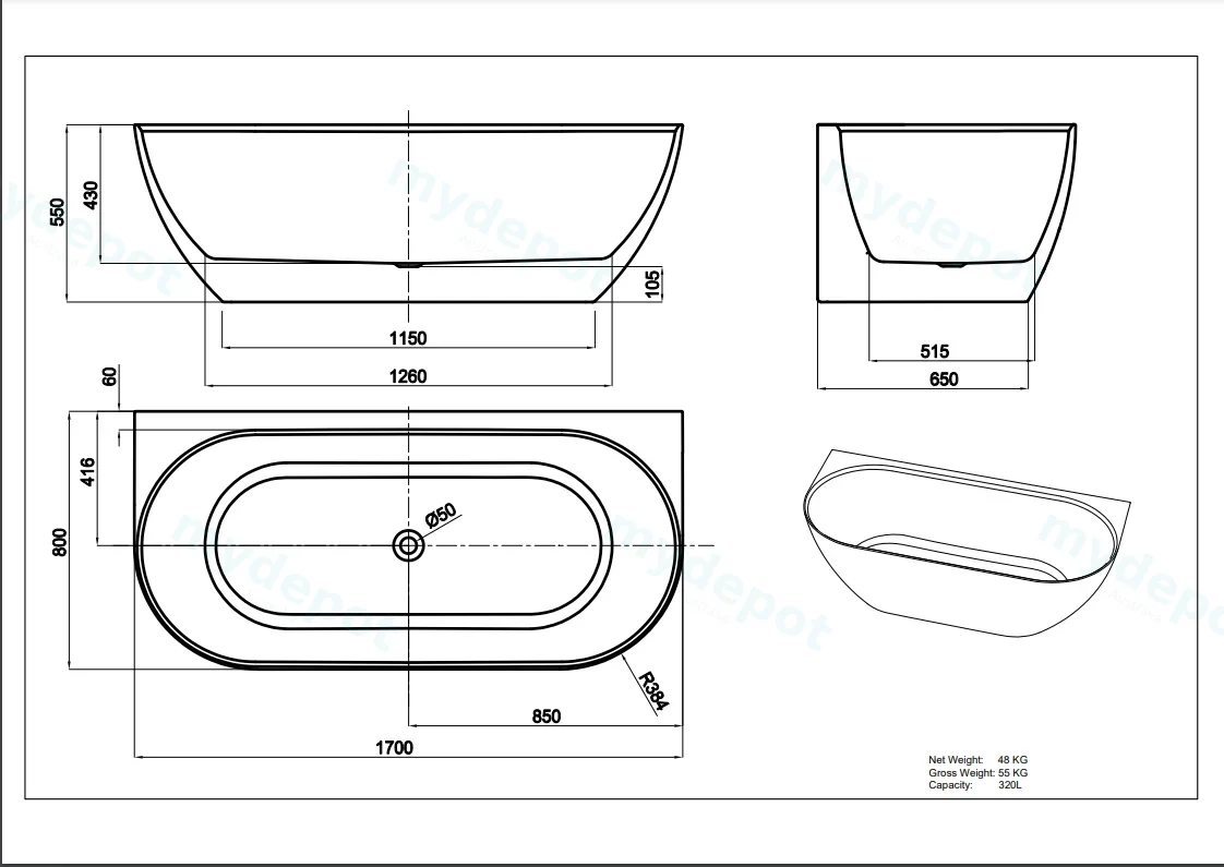 1700*800*550mm Gloss White Ellips Back To Wall Free Standing Acrylic Bathtub No Overflow,Chrome Waste And Pipe Included view 2