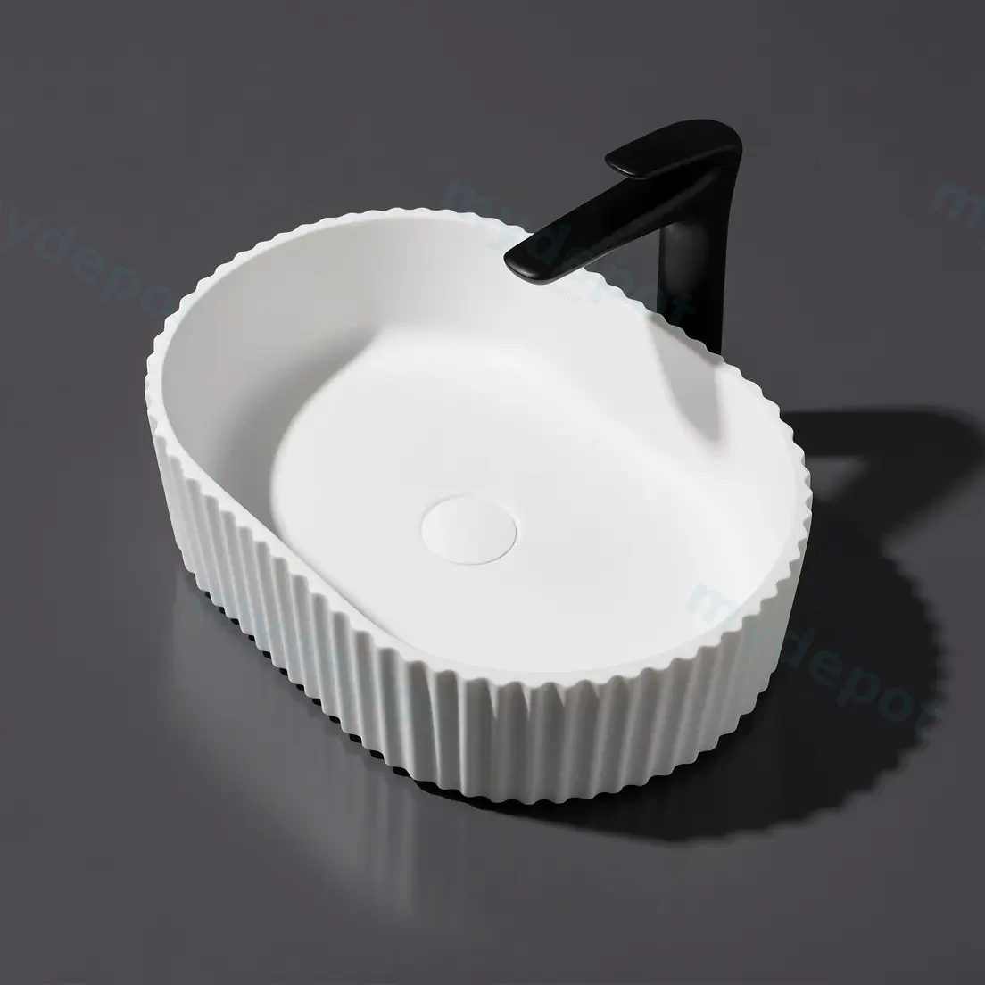480*345*140mm Matt White Ellips Fluted Solid Surface Above Counter Basin 32mm Waste view 3
