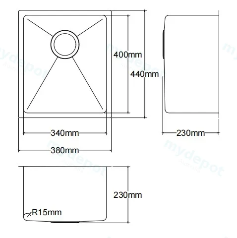 Bowl Size:340X400X230mm Overall Size:380X440X230mm Brushed Stainless Steel Kliff Hand Made Stainless Steel Sinks view 2