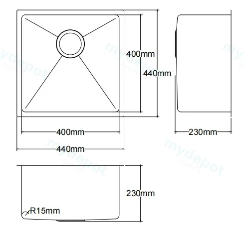Bowl Size:400X400X230mm Overall Size:440X440X230mm Brushed Stainless Steel Kliff Hand Made Stainless Steel Sinks view 2