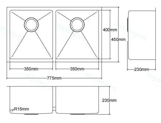 Bowl Size:350X400X230mm Overall Size:775X450X230mm Brushed Stainless Steel Kliff Hand Made Stainless Steel Sinks view 2