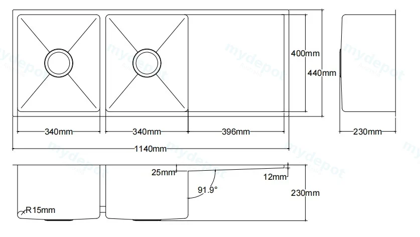 Bowl Size:340X340X230mm Overall Size:1140X450X230mm Brushed Staineless Steel Kliff Hand Made Stainless Steel Sinks view 2