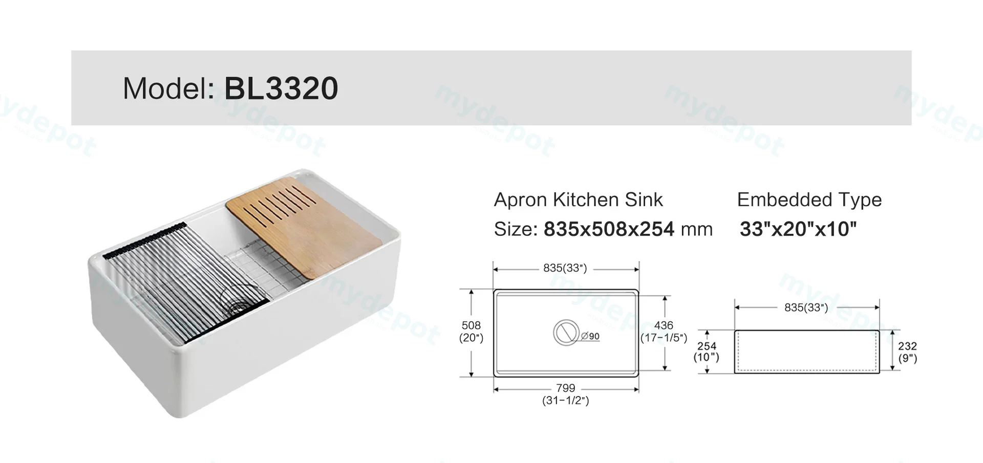 Size:835*508*254mm Bowl Size:799*436*232mm Gloss White Orta Fine Fireclay Farmhouse Sink With Work Station Single Bowl view 2