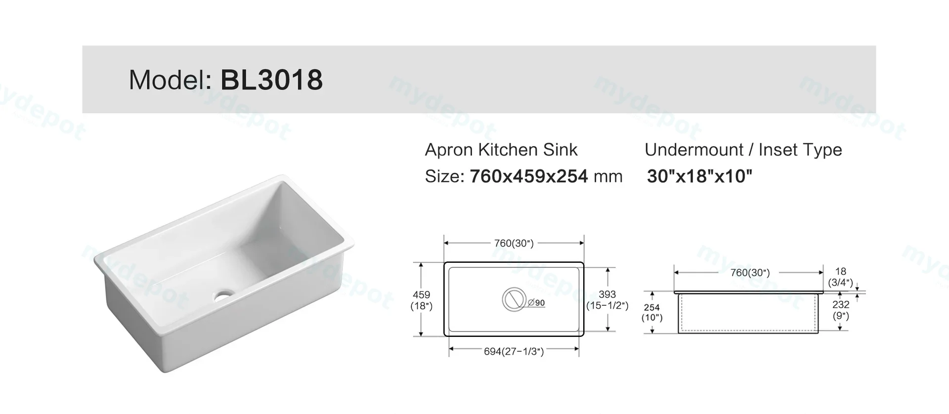 Size:760*459*254mm Gloss White Procida Fine Fireclay Inset/Undermount Sink Single Bowl,Grid And Waste Included view 2