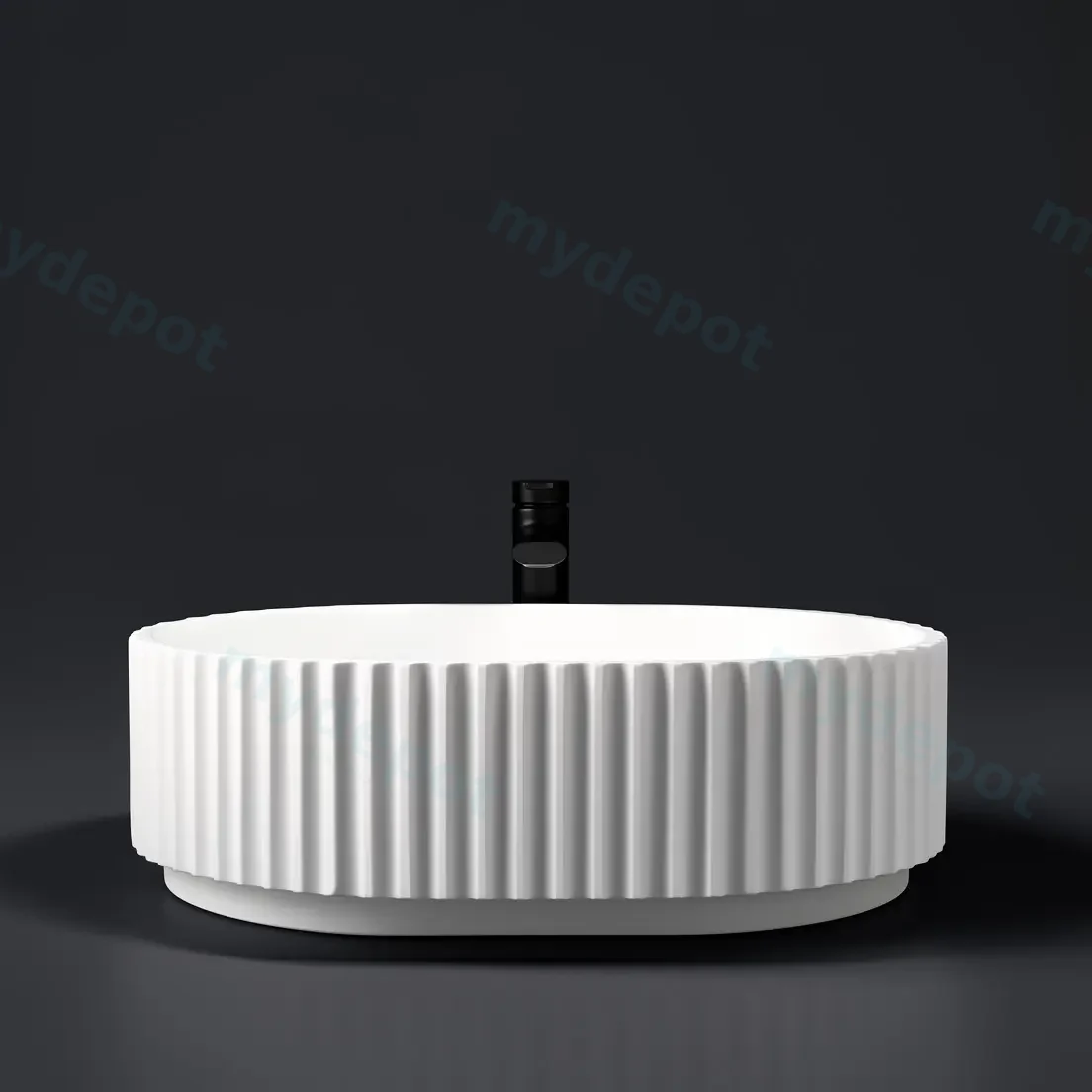 480*345*140mm Matt White Ellips Fluted Solid Surface Above Counter Basin 32mm Waste view 2