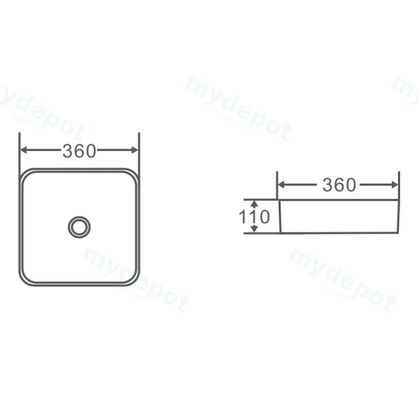 360*360*110mm Etna Matt White Above Counter Square Basin view 3