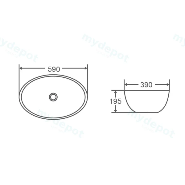 590*390*195mm Above Counter Oval Basin view 3