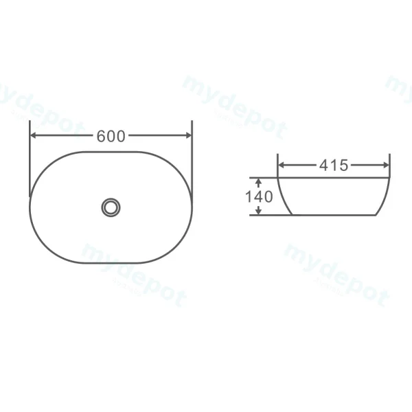600*415*140mm Above Counter Oval Basin view 3