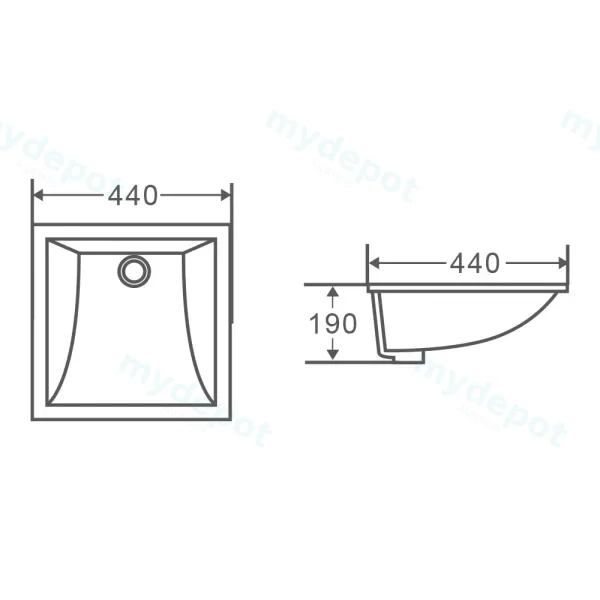 440*440*190mm Undermount Square Basin No Tap Holes view 3