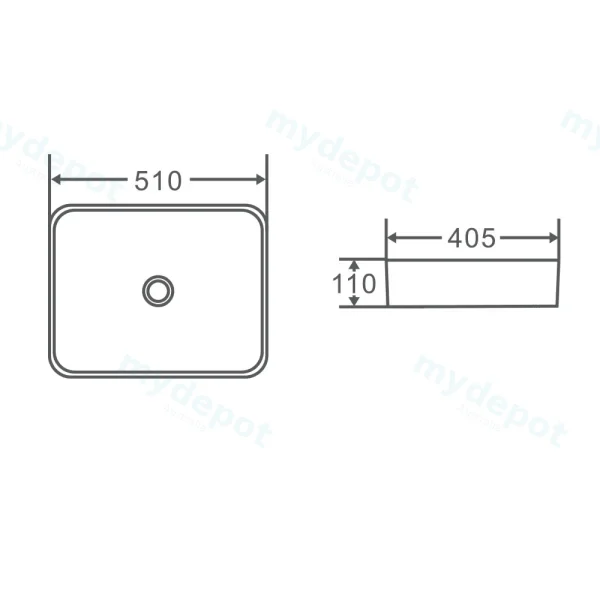 510*405*110mm Above Counter Rectangular Basin view 3