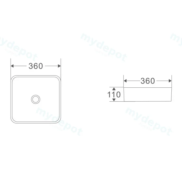 360*360*110mm Above Counter Square Basin view 2