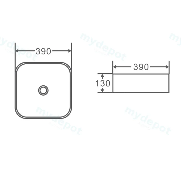 390*390*130mm Above Counter Square Basin view 2