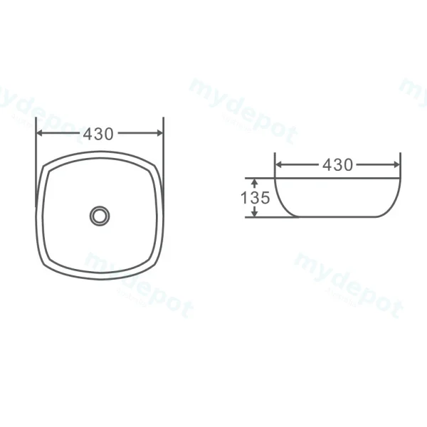 430*430*135mm Above Counter Square Basin view 2